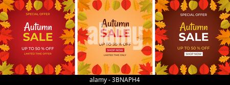 Sconti autunnali fino al 50%. Set di poster quadrati, banner per social network. Illustrazione vettoriale. Illustrazione Vettoriale