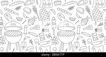 Barbecue senza cuciture modello doodle stile di schizzo. Sfondo con creatore di shashlik, salsicce, pesce, carne e verdure. Picnic estivo, fast food di strada Illustrazione Vettoriale