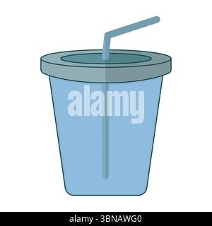 Tazza blu monouso con illustrazione della cannuccia. Un'illustrazione semplice e pulita di una tazza per bevande monouso blu con coperchio e cannuccia abbinati. Illustrazione Vettoriale