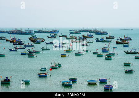 Decine di colorate barche da pesca e barche a cesto tondo riposano tranquillamente nelle acque della baia di Mui ne, Vietnam Foto Stock