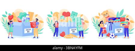 Illustrazione di cartoni animati piatti vettoriali di persone che donano giocattoli, cibo e denaro. Concetto di beneficenza, volontariato e supporto alla comunità. Perfetto per le organizzazioni no-profit Illustrazione Vettoriale