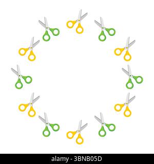 Forbici con telaio rotondo. Design per la scuola. Illustrazione piatta vettoriale isolata su sfondo bianco Illustrazione Vettoriale