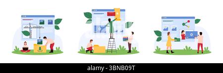 Contenuto pagina Web, impostazione gestione opzioni. Le persone più piccole aggiungono file multimediali alla pagina Web, caricano video e immagini sul server, gestiscono i segnalibri preferiti del sito Web nell'illustrazione vettoriale della finestra del browser Illustrazione Vettoriale