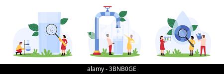 Analisi della qualità dell'acqua, set di ispezione. Piccole persone ricercano la presenza di gocce di acqua potabile con lente di ingrandimento, scienziati con provette per test controllano la struttura chimica nell'illustrazione del vettore cartoon di laboratorio Illustrazione Vettoriale