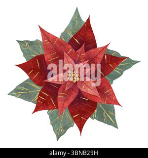 Punta rossa fiore di Natale con foglie verdi, illustrazione digitale fatta a mano su sfondo bianco. Un elemento per la progettazione di cartoline Foto Stock
