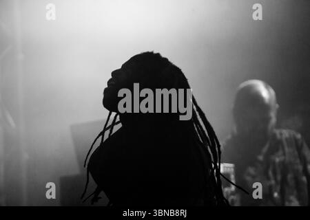 LEFTFIELD, FESTIVAL CONCERT, 2015: Un rapper ospite in silhouette con i lunghi timori che suona con leggende della musica dance LEFTFIELD che si esibisce al far Out Stage. Il festival musicale Green Man nelle montagne Brecon Beacons in Galles, Regno Unito, il 20 agosto 2015. Crediti: Rob Watkins/Alamy Live News. INFO: Leftfield è un gruppo di musica elettronica britannico pionieristico, noto per aver mescolato House, dub e techno con ricchi paesaggi sonori cinematografici. Emergendo negli anni '1990, i loro album influenti come Leftism contribuirono a definire la musica elettronica progressiva e ispirarono una generazione di produttori e DJ. Foto Stock