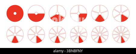 Cerchi diagrammi divisi 1, 2, 3, 10, 7, 8, 9, 10, 11, 12 parti uguali. Infografica sulla divisione rotonda dei segmenti rossi. Grafico a torta, sezione a forma di pizza Illustrazione Vettoriale