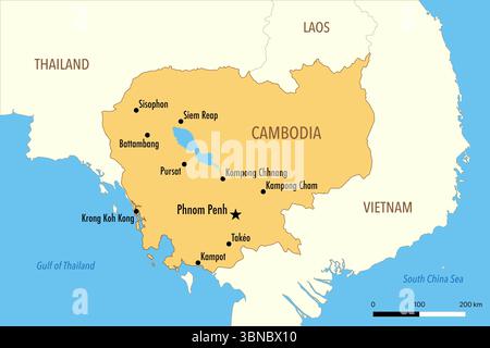 Mappa della Cambogia con le principali città e i paesi vicini Foto Stock