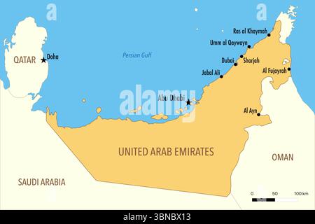 Mappa degli Emirati Arabi Uniti con le principali città e i paesi vicini Foto Stock