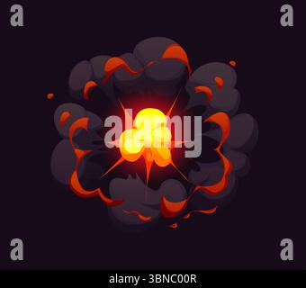 Esplosione di bombe fuoco esplosione effetto fumetto, fuoco di cartoni animati e nuvola di fumo bang. L'esplosione dell'attacco aereo ha colpito l'effetto fumetto vettoriale. Esplosioni di energia esplosiva di bombe dinamite o granate con fuoco e fumo Illustrazione Vettoriale