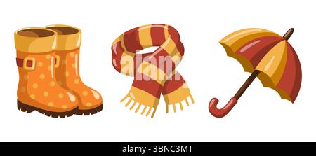 Set di accessori autunnali con stivali in gomma a pois, sciarpa a righe e ombrello. Ora dell'autunno. Illustrazione vettoriale cartoni animati Illustrazione Vettoriale