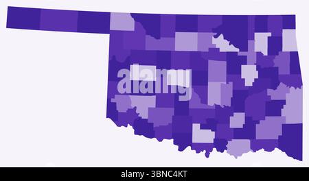 Mappa dell'Oklahoma con le contee. Solo una semplice mappa del confine di stato con la divisione della contea. Tavolozza di colori viola intenso. Illustrazione Vettoriale