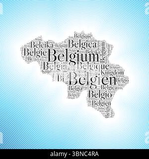 Forma belga formata dal nome del paese in più lingue. Confine belga su elegante sfondo sfumato a righe. Poster vibrante. Illustrazione Vettoriale