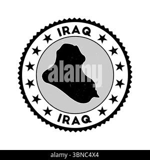 Emblema dell'Iraq. Francobollo rotondo del paese con la forma dell'Iraq, isolini e testo rotondo. Distintivo attraente. Illustrazione vettoriale fredda. Illustrazione Vettoriale