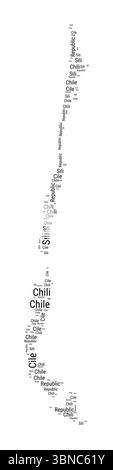 Nuvola di parole in bianco e nero a forma di Cile. Semplice illustrazione del paese in stile tipografico. Nuvola di testo nera Cile su sfondo bianco. Illustrazione Vettoriale