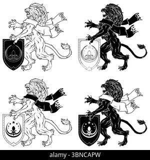 Leone dilagante con nastro e scudo dell'età medievale, felino araldico della famiglia reale europea Illustrazione Vettoriale
