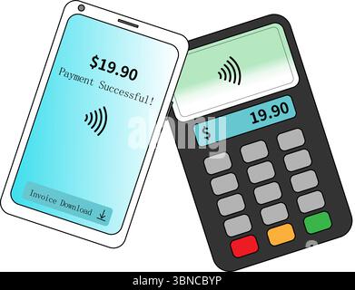 Pagamenti mobili senza contatto tramite smartphone e terminale POS. Illustrazione Vettoriale