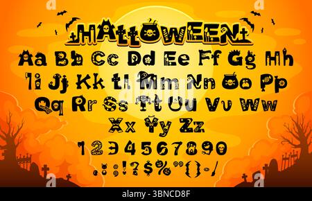 Font Halloween, cartoni animati malvagi, divertente carattere spaventoso, alfabeto spettrale di lettere e numeri dei mostri Helloween. Font tipografico vettoriale di Halloween Illustrazione Vettoriale