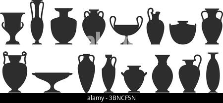 Set sagome vaso. Diversi vasi e vasi in ceramica antica. Varie forme e forme di vasi e anfore greci antichi. Collezione di ceramiche dei vasi in argilla. Illustrazione vettoriale. Illustrazione Vettoriale