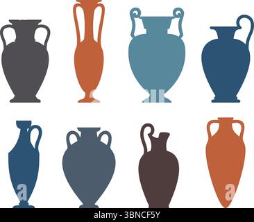 Set sagome vaso. Diversi vasi e vasi in ceramica antica. Varie forme e forme di vasi e anfore greci antichi. Vasi di argilla ceramiche. Illustrazione vettoriale. Illustrazione Vettoriale