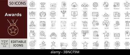 Icone della linea premi e traguardi: Riconoscimento, successo e qualità Illustrazione Vettoriale