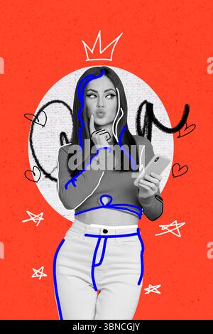 Montaggio di immagini composito grafica di tendenza collage 3D di giovane donna corvo regina stativo tenere lo smartphone pensare carta immaginazione moda ritratto Foto Stock