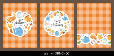 Una serie di poster a tema autunnale con motivi colorati con elementi autunnali accoglienti, intimo autunno, perfetti per le promozioni stagionali. Testo di vendita autunnale. Illustrazione Vettoriale