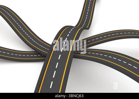 Strade curve tortuose con bordi gialli e trattini bianchi in design piatto, con sfondo bianco Foto Stock