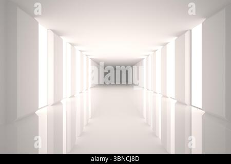 Corridoio minimalista che si estende in un design piatto con pannelli luminosi con pavimento lucido e spazio per le copie Foto Stock