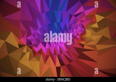 La grafica vettoriale astratta digitale presenta un motivo poligonale vorticoso in vibrante sfumatura viola-giallo Foto Stock