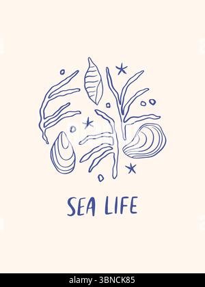 Poster SEA LIFE disegnato a mano Illustrazione Vettoriale