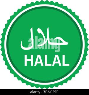 Icona del distintivo di certificazione Halal etichetta araba inglese in timbro verde con l'adesivo di vendita per il cibo o la confezione del prodotto Illustrazione Vettoriale
