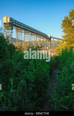 L'elevatore del grano al Viterra Cascadia Terminal visto dal New Brighton Park di Vancouver, British Columbia. L'Iron Workers Memorial Bridge è alle spalle. Foto Stock