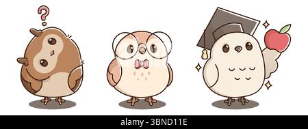 Gufi della scuola dei cartoni animati - uccello marrone confuso con punto interrogativo, nerd che indossa occhiali e copricapo, mela intelligente con cappello da laureato. Simpatici personaggi educativi per imparare le decorazioni in classe. Illustrazione Vettoriale