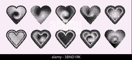 Pixel Heart impostato in stile y2k - motivi tratteggiati neri con gradienti mezzitoni per un'estetica retro-grafica computerizzata. Nostalgici simboli romantici a 8 bit con effetti di ombreggiatura per i disegni di san valentino. Illustrazione Vettoriale