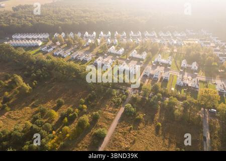Vista aerea di un moderno complesso residenziale con case bianche identiche situate accanto a una foresta verde. Il quartiere residenziale è immerso nella Foto Stock