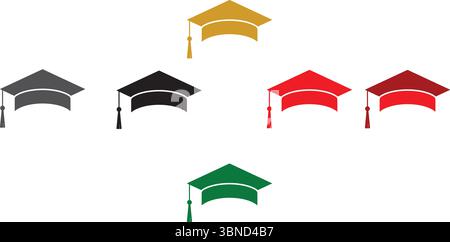 Set di icone del cappuccio di laurea – simboli di risultati accademici multicolori Illustrazione Vettoriale