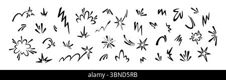 Set di braccio, schizzi, impatto, esplosione, scoppio, bomb manga. Icone degli scarabocchi disegnate a mano. Calligrafia, pallacanestro, tennis, pallone da baseball rimbalzato Illustrazione Vettoriale