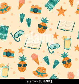 Modello perfetto per le vacanze estive con graziose icone Illustrazione Vettoriale