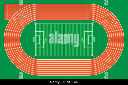 otto piste da corsa con stadio di calcio per motivi e design, illustrazione vettoriale. Illustrazione Vettoriale