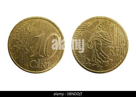 Francia 10 Euro cent 2001, in oro nordico, simbolo della Repubblica francese, camminando e seminando grano, 12 stelle dell'Unione europea Foto Stock