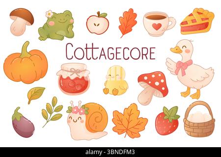 Grazioso set di illustrazioni a tema autunnale con funghi, anatra, rana, foglie, bacche e tè in morbido e accogliente stile cartoni animati. Illustrazione Vettoriale