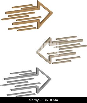 Set di frecce in metallo. Frecce a doppio tono. Vettore di direzione dinamico. Concetto di velocità di movimento. Illustrazione Vettoriale