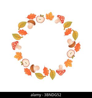 Graziosa illustrazione della corona autunnale con funghi, mele e foglie cadenti in calde tonalità pastello per un intimo tema stagionale. Illustrazione Vettoriale