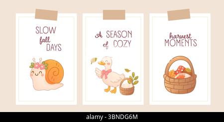 Collezione di tre cartoline a tema autunnale con anatra, lumaca e cesto, con citazioni calde e disegni rustici morbidi. Illustrazione Vettoriale