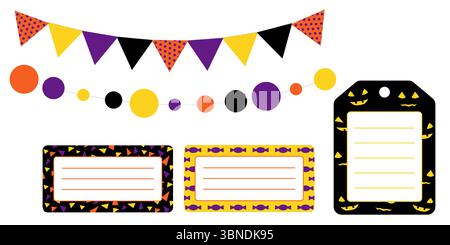 Spaventosa etichetta di Halloween e set di striscioni con ghirlande e adesivi colorati. Collezione di etichette viola, nero, arancione e giallo, con quadrati rotondi e. Illustrazione Vettoriale