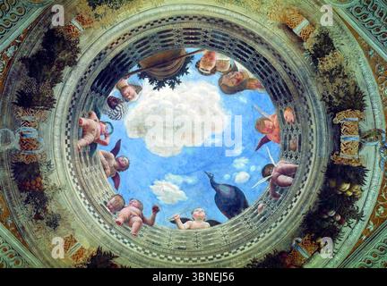 Affreschi nella camera degli Sposi; scena: Dettaglio affresco a volta - Andrea Mantegna: Soffitto Oculus Foto Stock