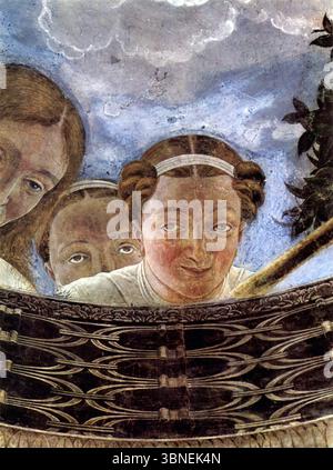 Affreschi nella camera degli Sposi; scena: Volta dettaglio affresco - Andrea Mantegna: Soffitto Oculus DETTAGLIO donna testa Foto Stock