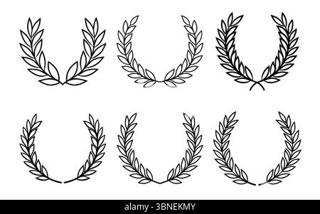 Semplici corone di alloro bianco e nero: Eleganti illustrazioni vettoriali per premi, loghi e progetti di design Illustrazione Vettoriale