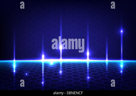 Futuristico sfondo astratto high-tech con griglia esagonale blu brillante e fasci di luce verticali, perfetto per la tecnologia fantascientifica o temi di innovazione Illustrazione Vettoriale